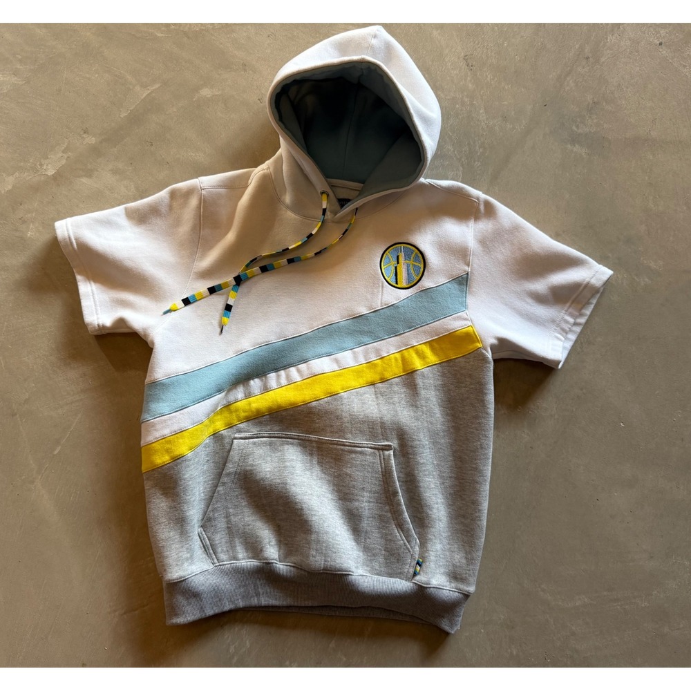 Men's Short Sleeve Hooded Sweatshirt with Yellow & Light Blue Stripes